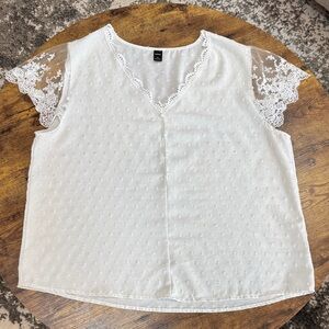 SHEIN White Swiss Dot V-Neck Blouse with Lace Sleeves